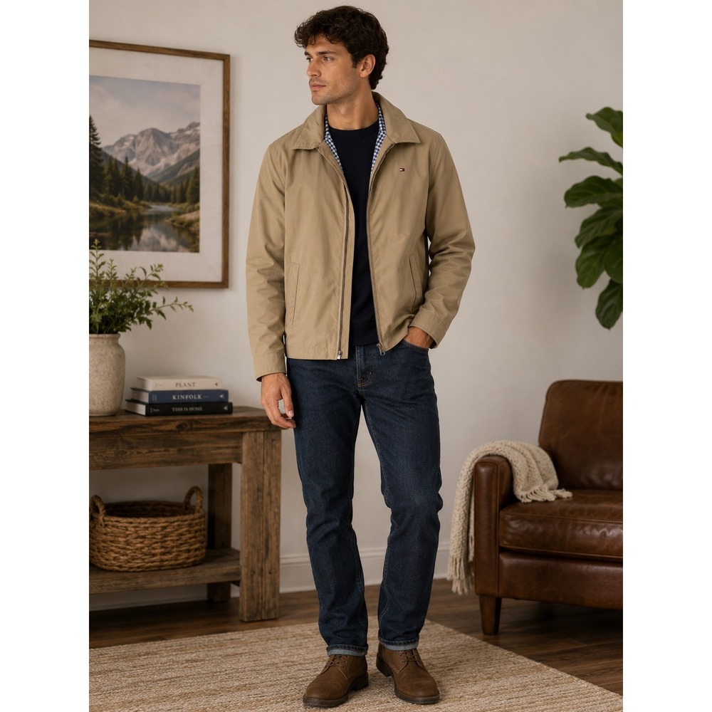 Tommy Hilfiger Harrington Jacket Tan Khaki Full‎ Zip Gingham Lined Coat Mens M